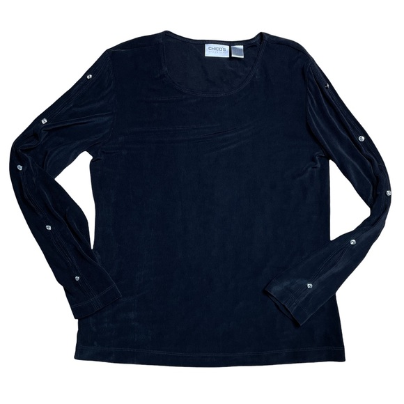 Chicos Travelers Split Sleeve Top Pant 2 Pc Set Sz 1 Black Wide Leg Pant Crystal - Picture 2 of 9